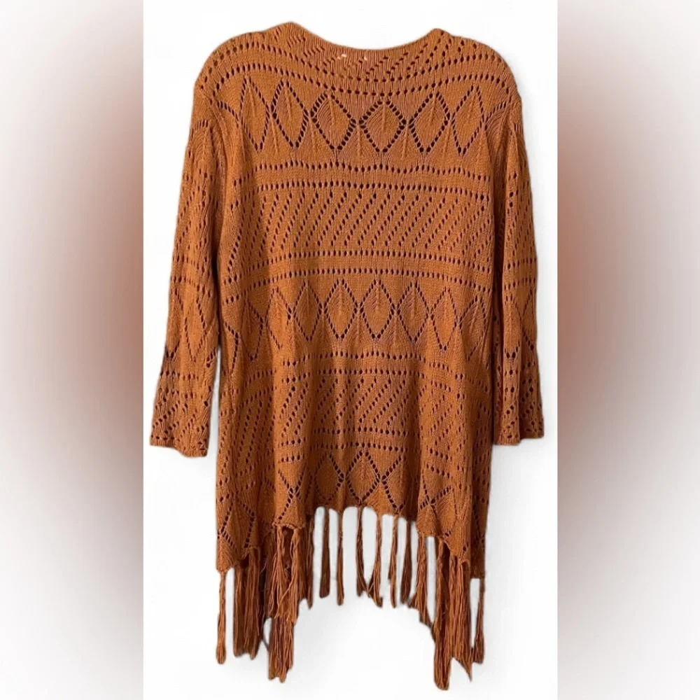 C.H. Impressions Rust Boho Open Knit Fringe Cardigan - Picture 3 of 4